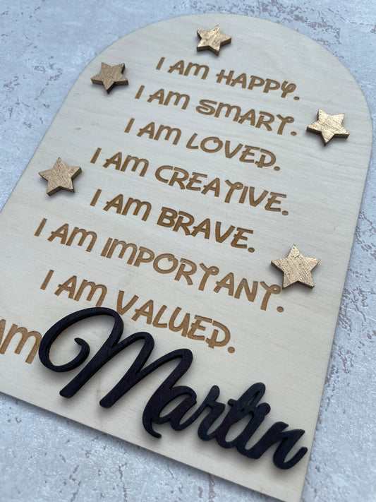 "Jeg er"-tavle med positive affirmasjoner - stjerner 3D