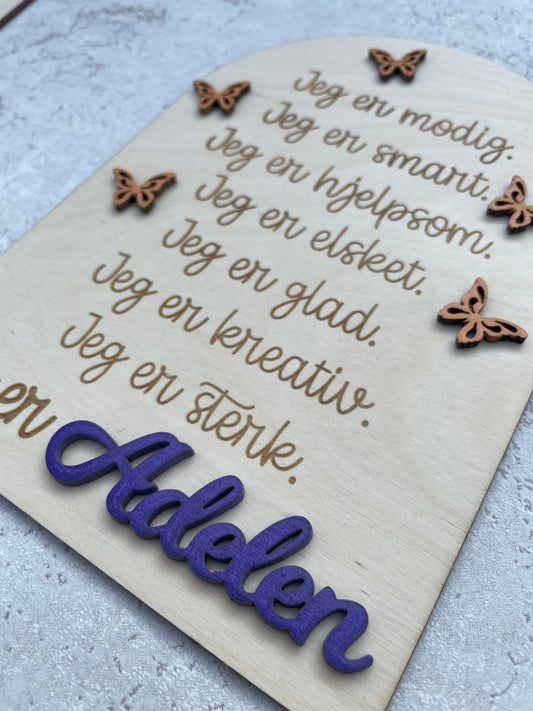 "Jeg er"-tavle med positive affirmasjoner - sommerfugler 3D