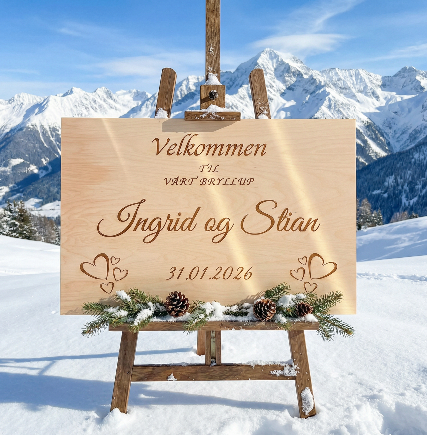 Personlig velkomstskilt i tre til bryllup med lasergravering 60x40 cm