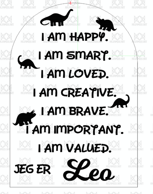 "Jeg er"-tavle med positive affirmasjoner - dinosaur 3D