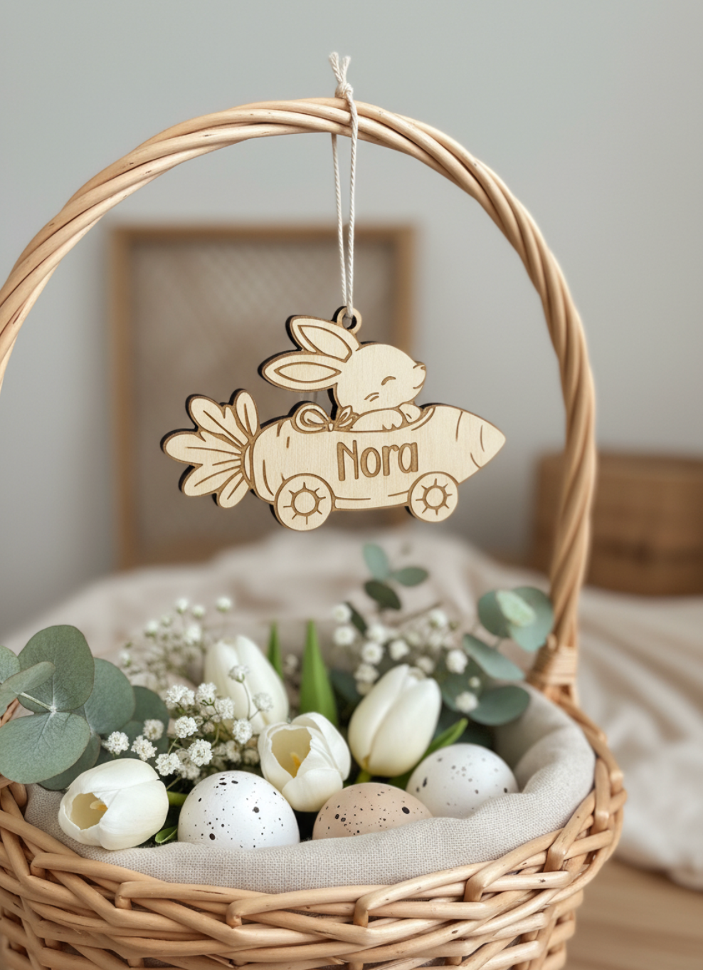 Personalisert påskepynt i tre som viser en hare i en gulrotbil med navn inngravert, hengende over en påskekurv med blomster og egg.