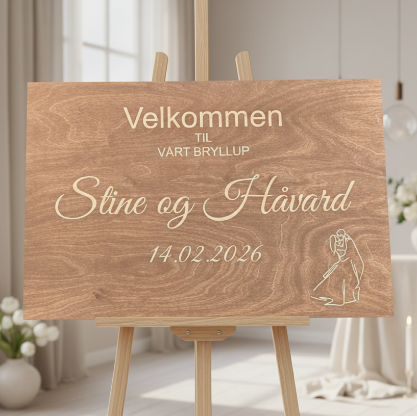 Stort velkomstskilt i tre til bryllup med gravert navn og dato på lys bakgrunn