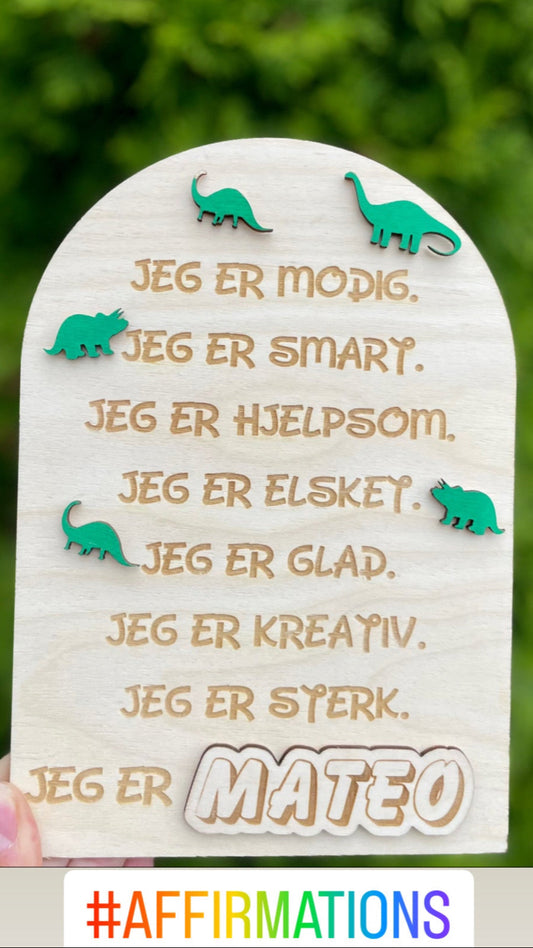"Jeg er"-tavle med positive affirmasjoner - dinosaur 3D