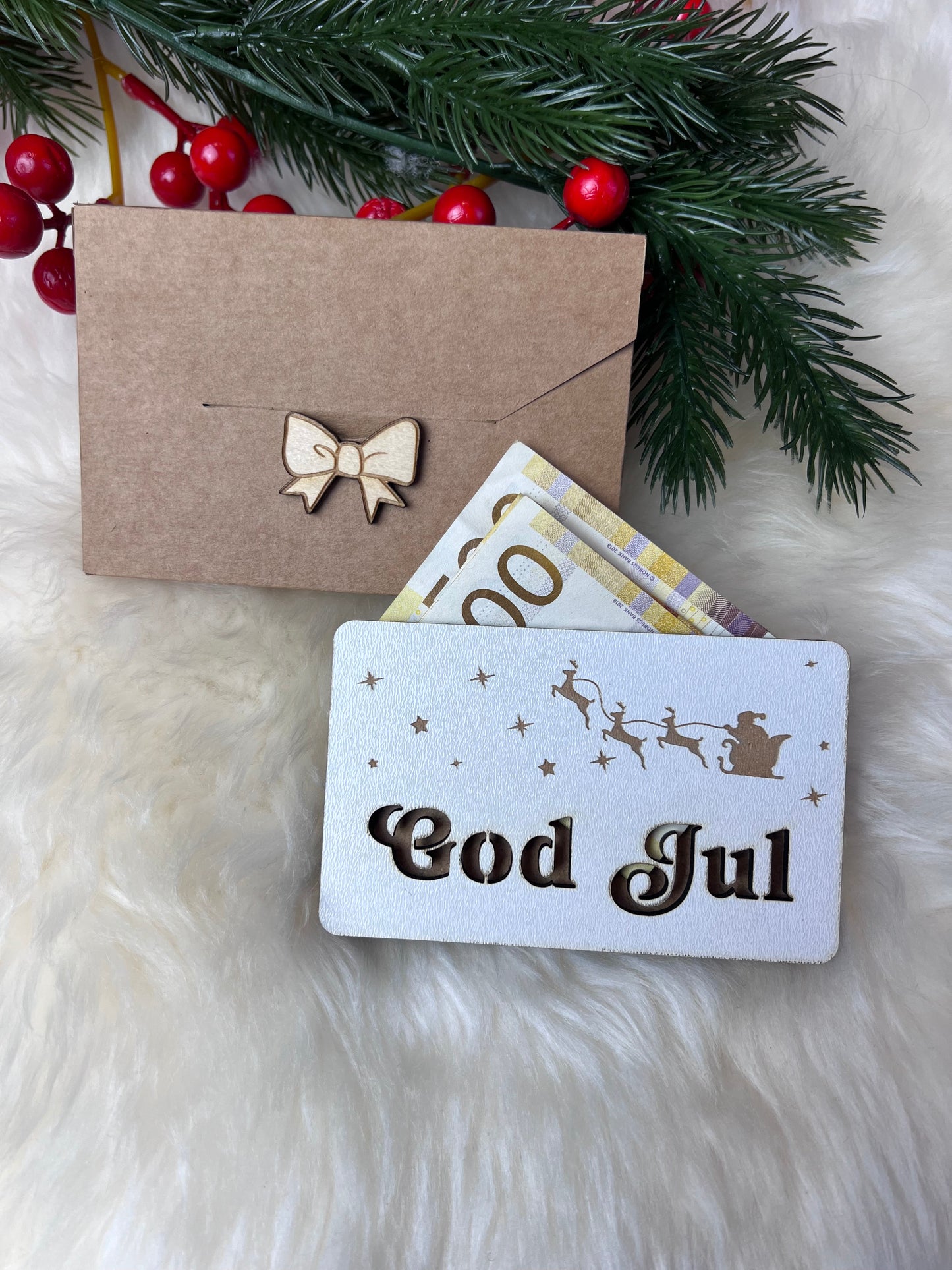 Håndlaget tre-etui for gavekort eller kontant GOD JUL KK FAMILY ART