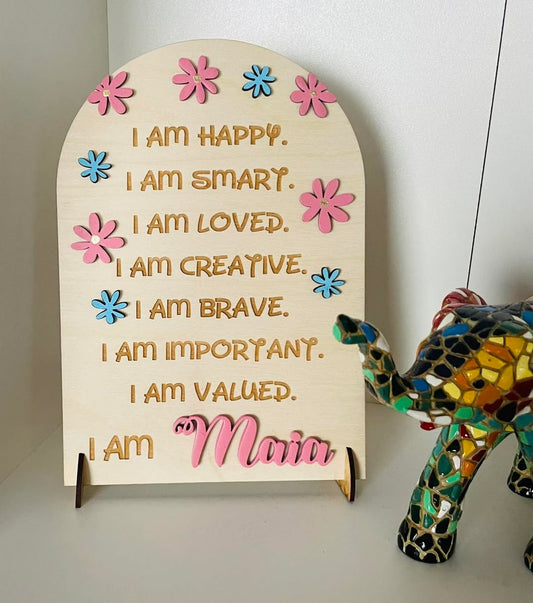 "Jeg er"-tavle med positive affirmasjoner - blomster 3D