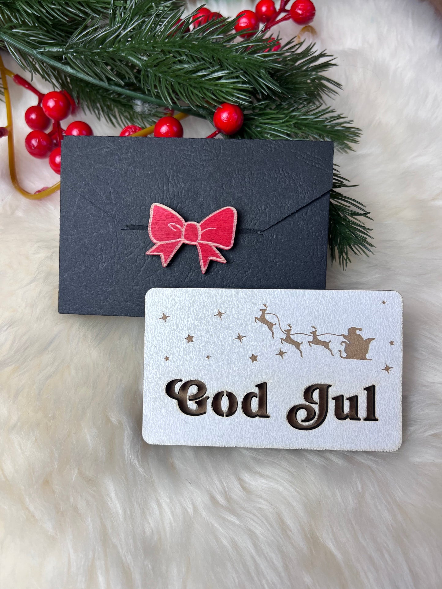 Håndlaget tre-etui for gavekort eller kontant GOD JUL KK FAMILY ART