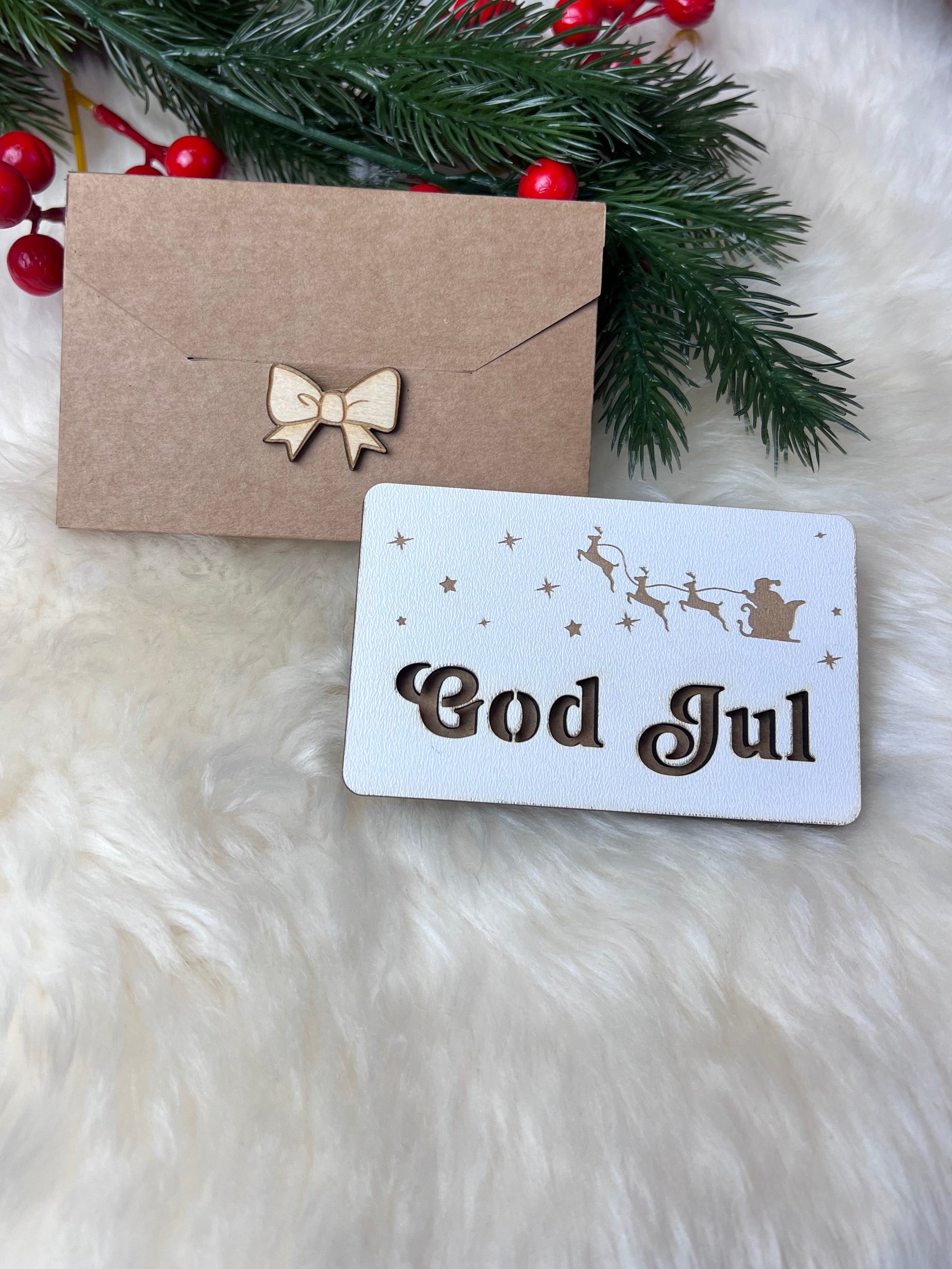 Håndlaget tre-etui for gavekort eller kontant GOD JUL KK FAMILY ART