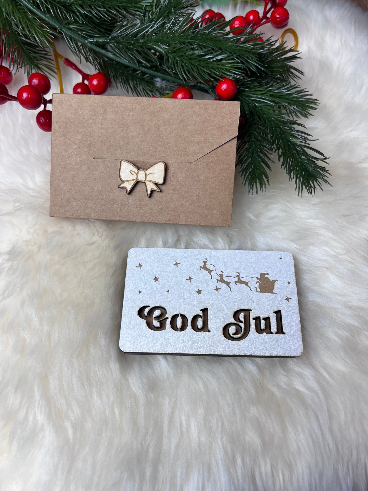 Håndlaget tre-etui for gavekort eller kontant GOD JUL KK FAMILY ART