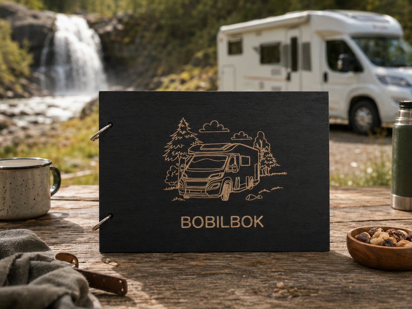 En klassisk bobilbok i tre er en vakker måte å samle turminner, reiseruter, campingplasser og små historier fra livet på veien. Denne bobilboken har ferdig gravert bobilmotiv og passer perfekt som reisebok, gjestebok til bobil eller gave til bobileier. Produsert i Norge av KK FAMILY ART.