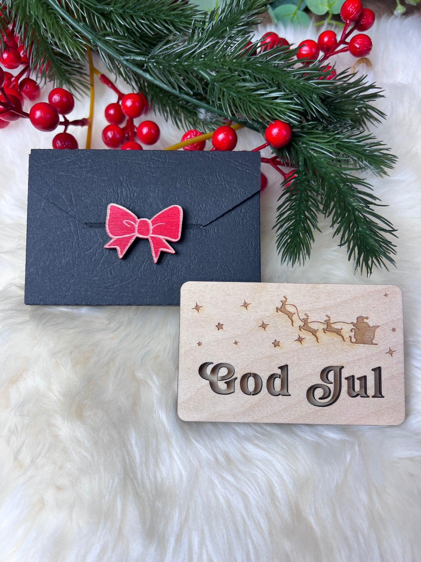 Håndlaget tre-etui for gavekort eller kontant GOD JUL KK FAMILY ART