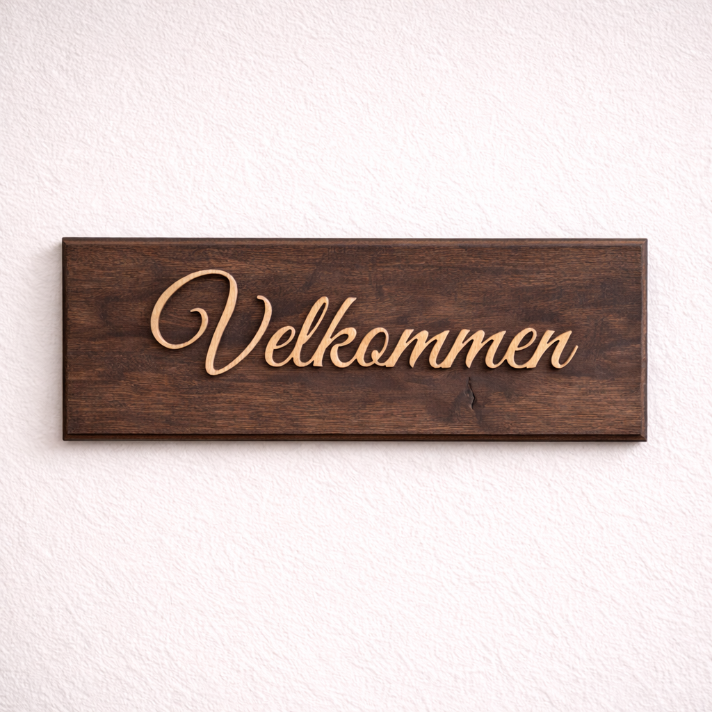 velkommen skilt i tre 30x10 cm