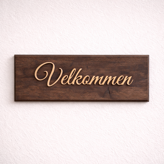 velkommen skilt i tre 30x10 cm