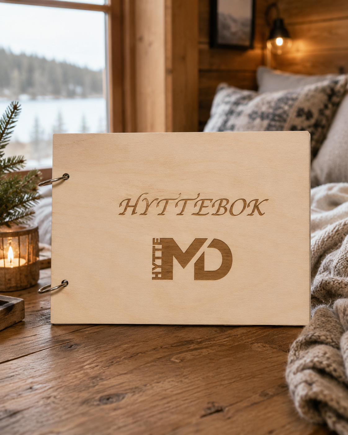 Eksklusiv hyttebok med kundelogo gravert på treomslag