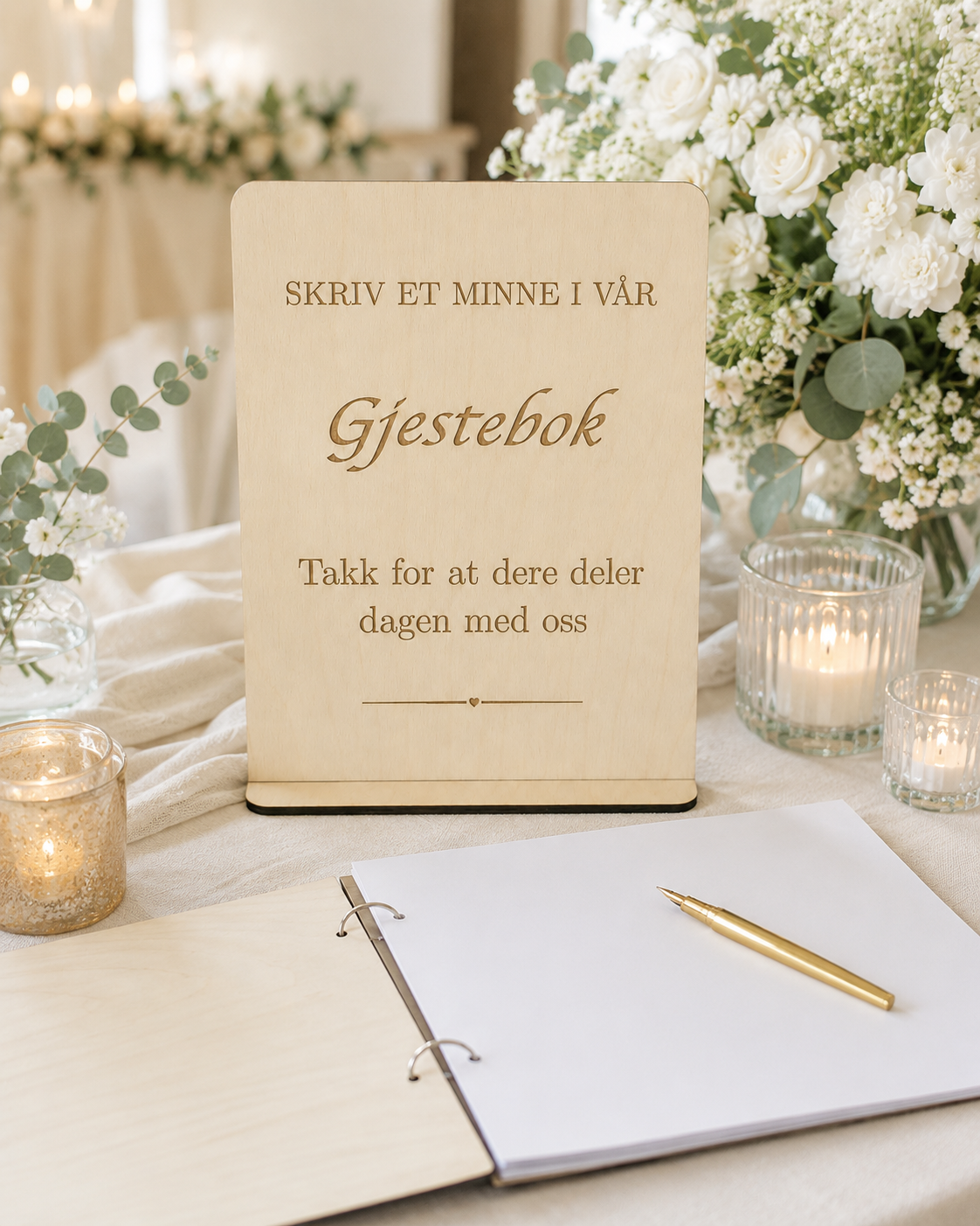 Dekorativt gjestebok skilt i tre med gravert tekst. Perfekt bordskilt til bryllup, konfirmasjon, dåp og jubileum. Håndlaget i Norge.
