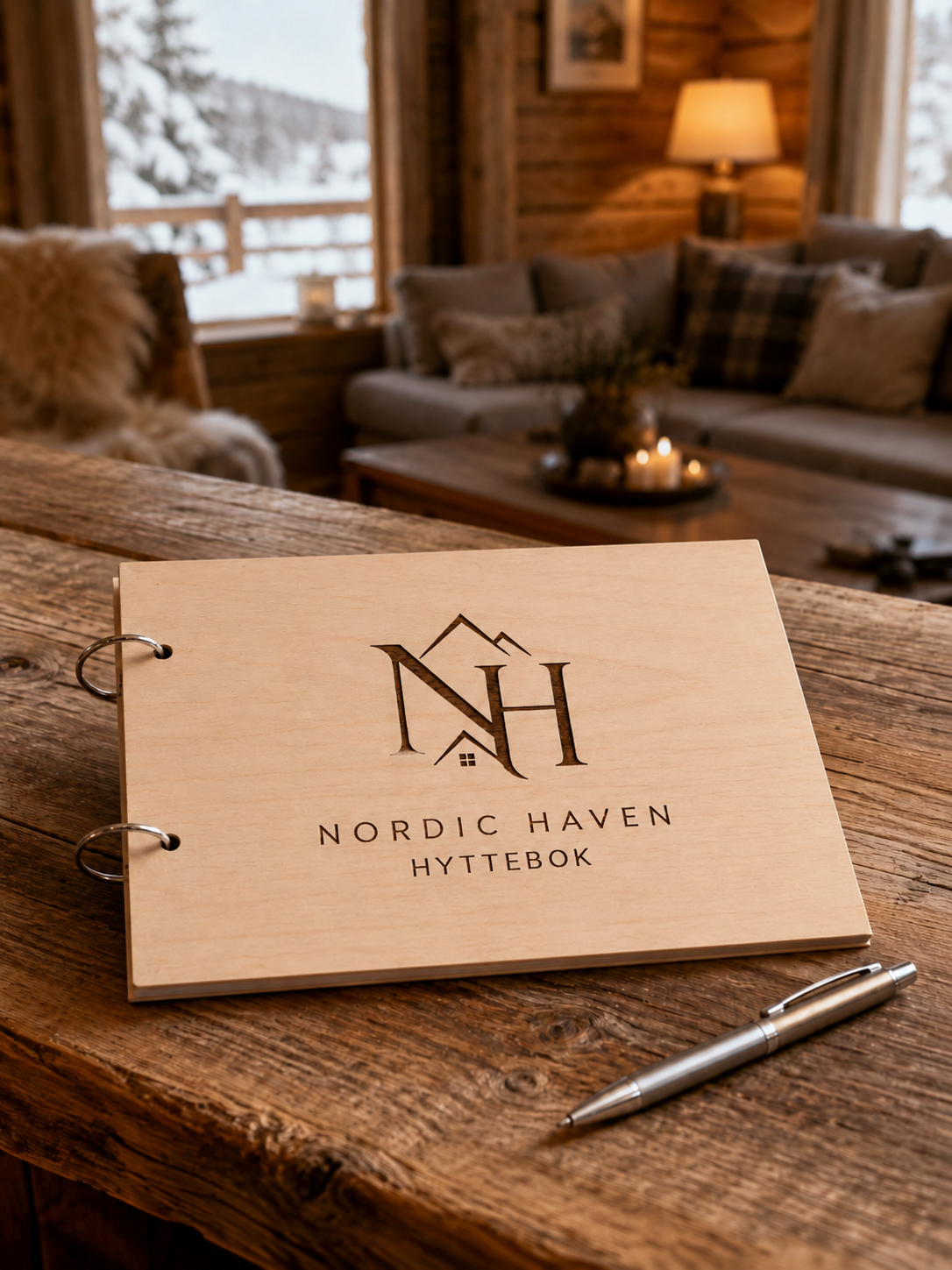 Håndlaget hyttebok i tre med gravering og åpne ringer Airbnb , hytte