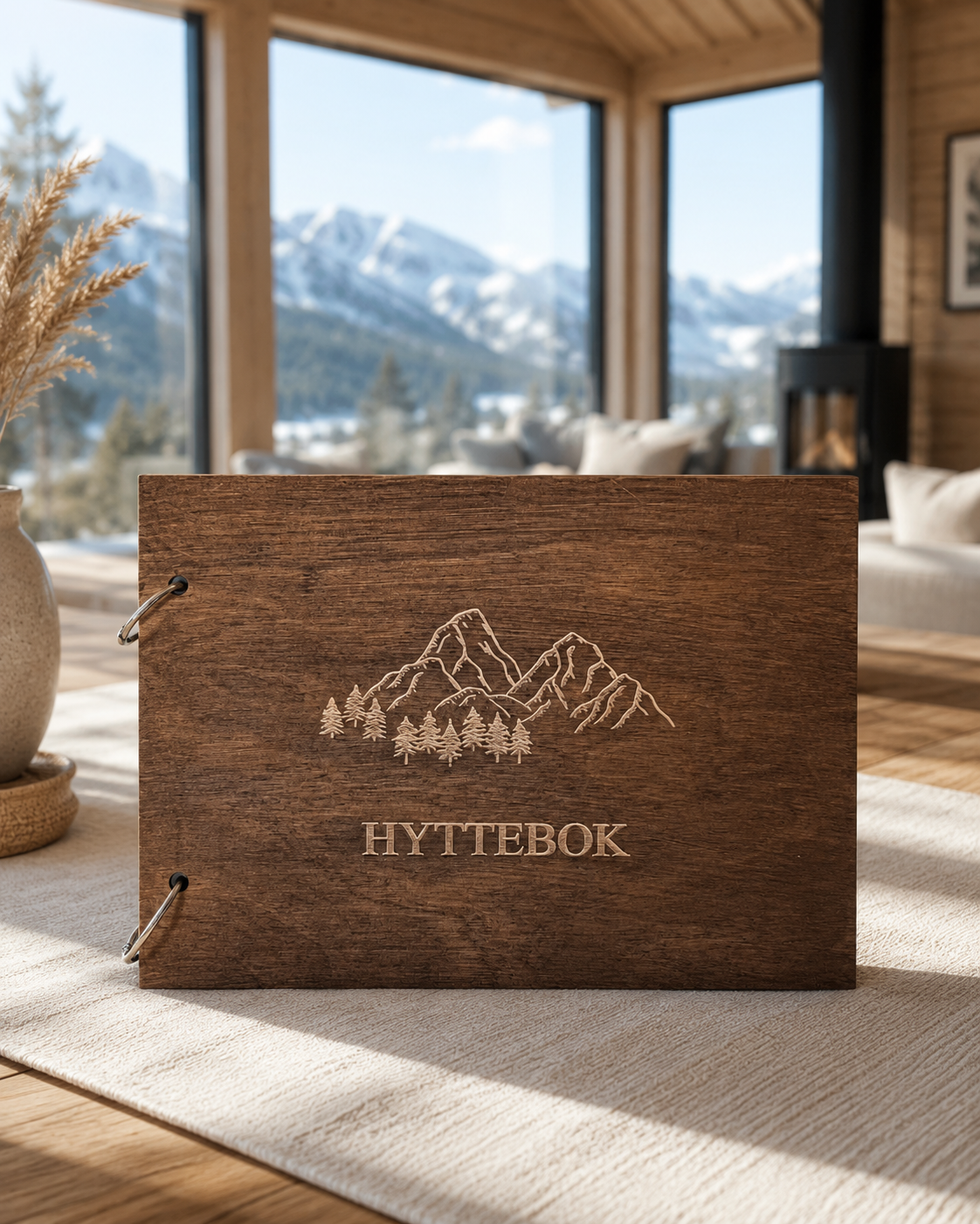 Hyttebok i tre med ferdig gravert skogmotiv i brun
