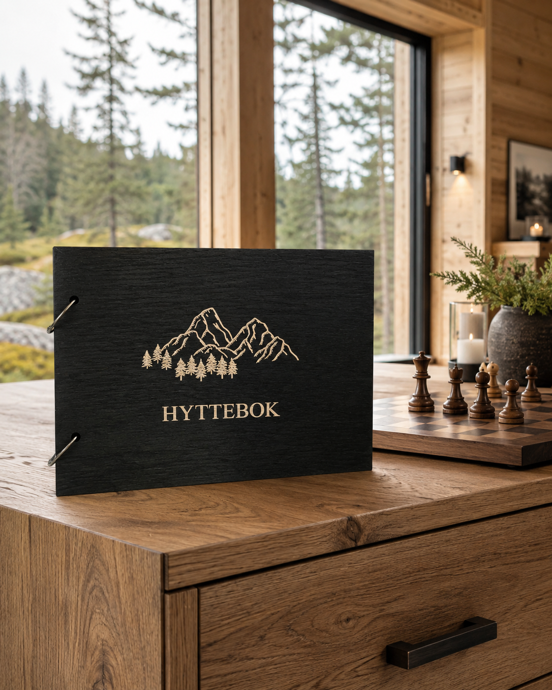 Hyttebok med gravert skogmotiv på treomslag i svart