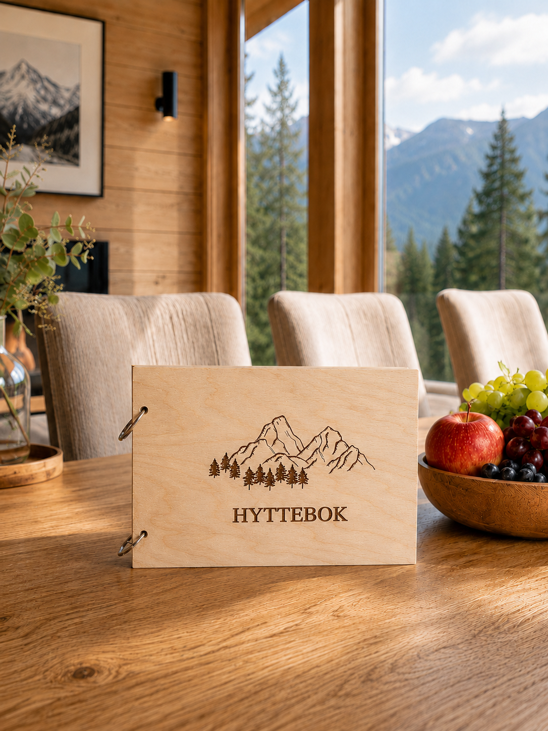 hyttebok med skog fejll i tre gravert