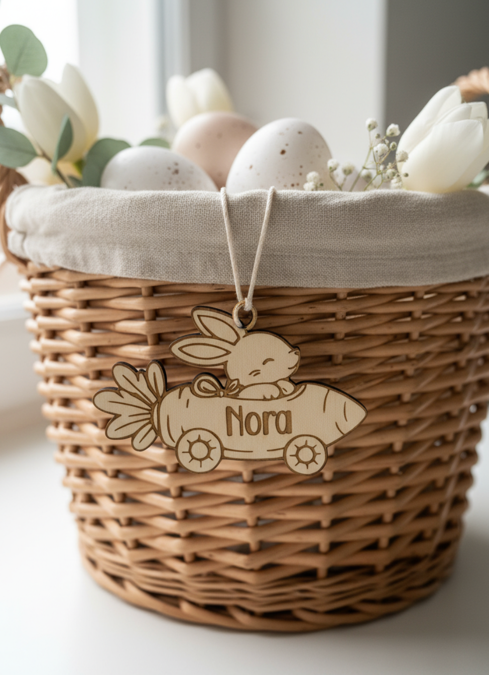 Personalisert påskepynt i tre som viser en hare i en gulrotbil med navnet "Nora" inngravert, hengende over en påskekurv med blomster og egg.