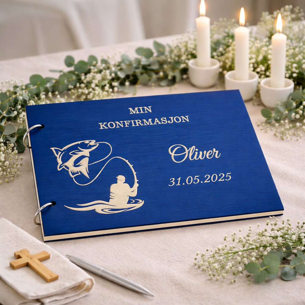 gjestebok til konfirmasjon i tre med gravert fisk, fiskekrok og konfirmantens navn.