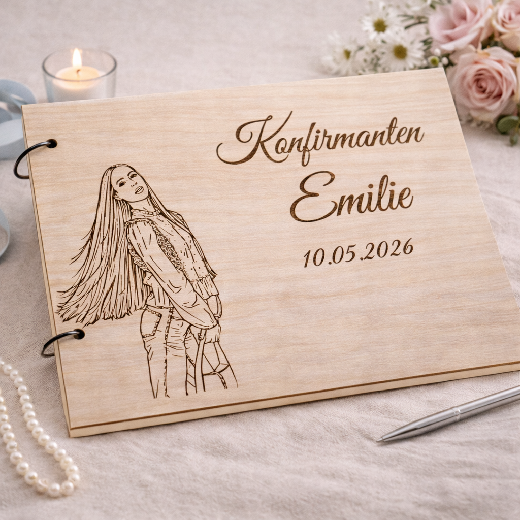 Personlig gjestebok i tre med line art fra bilde og navn til konfirmasjon