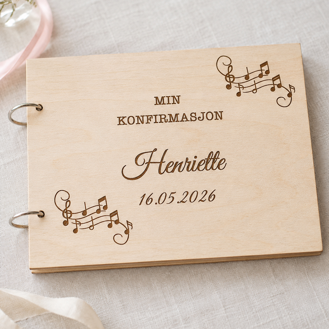 Lys konfirmasjonsbok i tre med gravert musikkmotiv og personlig tekst på forsiden