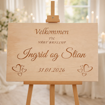 Velkommen-skilt i tre til bryllup med personlig gravering av navn og dato