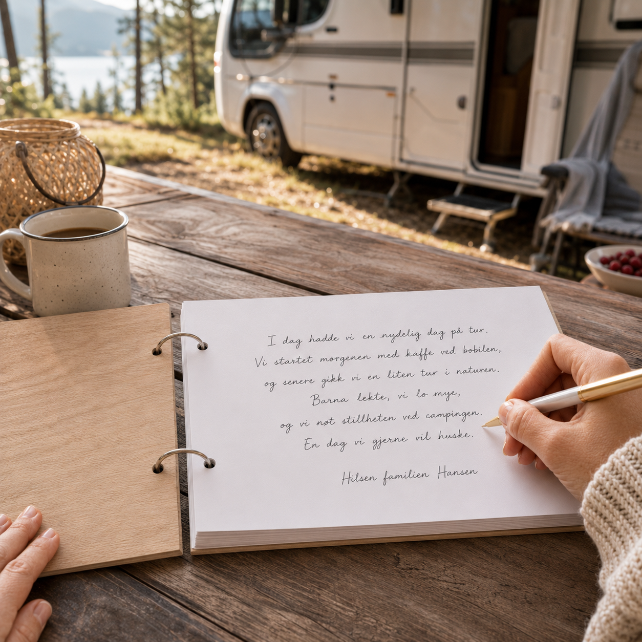 Åpen bobilbok med håndskrevet hilsen på campingtur ved bobil.