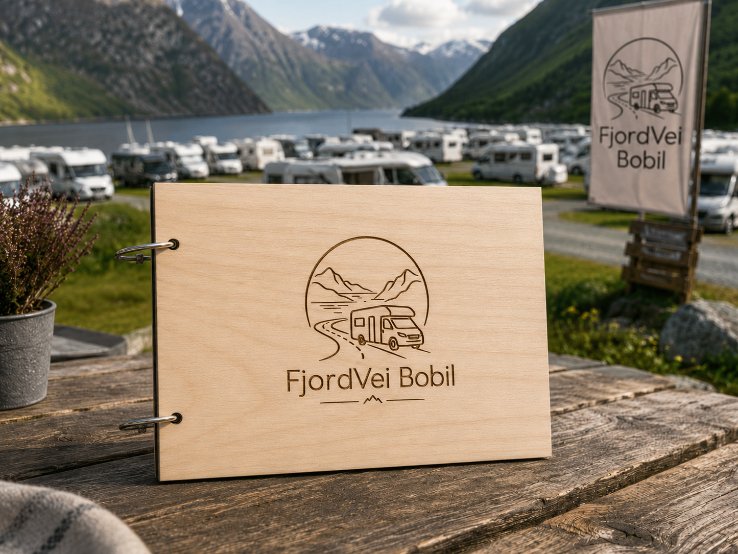 Bobilbok med logo i lyst tre