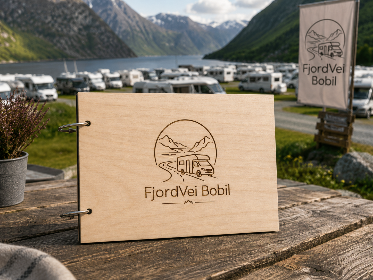 Bobilbok med logo i lyst tre
