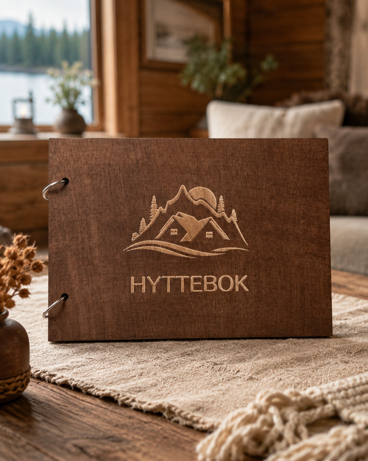 Brun hyttebok med lys gravering av hyttemotiv på omslaget i rolig hytteinteriør på bord