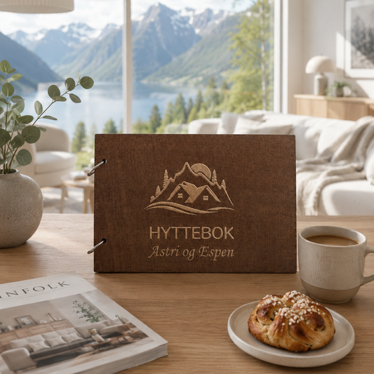 Brun hyttebok med personlig tekst og gravert hytte- og fjellmotiv på lukket treomslag