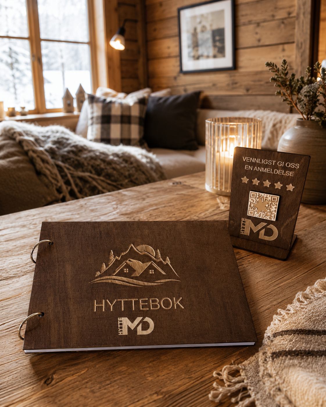 Eksklusiv hyttebok med kundelogo gravert på treomslag