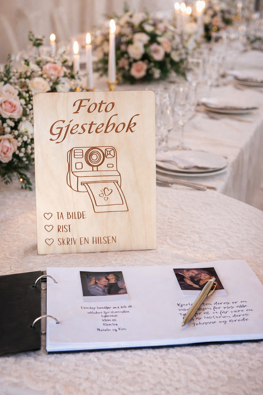 Lite treskilt til fotogjestebok med gravert instruksjon om bilde, hilsen og minne