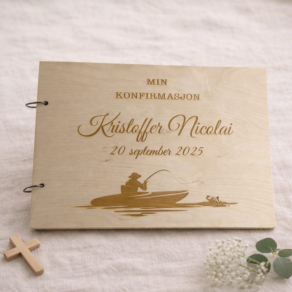 Personlig gjestebok til konfirmasjon i tre med gravert fisk, fiskekrok og konfirmantens navn.