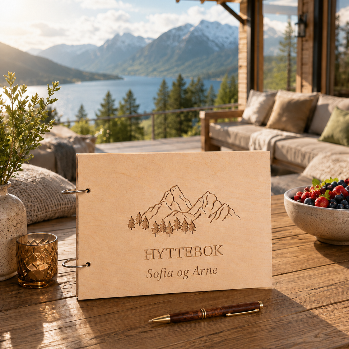 Hyttebok i lyst tre med personlig tekst og gravert fjell- og skogmotiv på lukket omslag