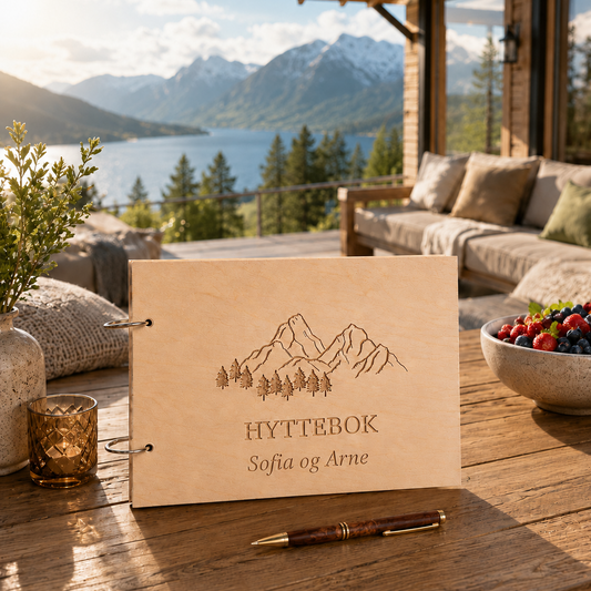 Hyttebok i lyst tre med personlig tekst og gravert fjell- og skogmotiv på lukket omslag