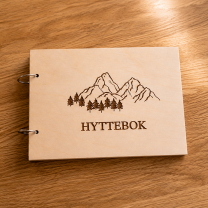 Hyttebok i lyst tre med gravert skog- og fjellmotiv og synlige ringfester på siden