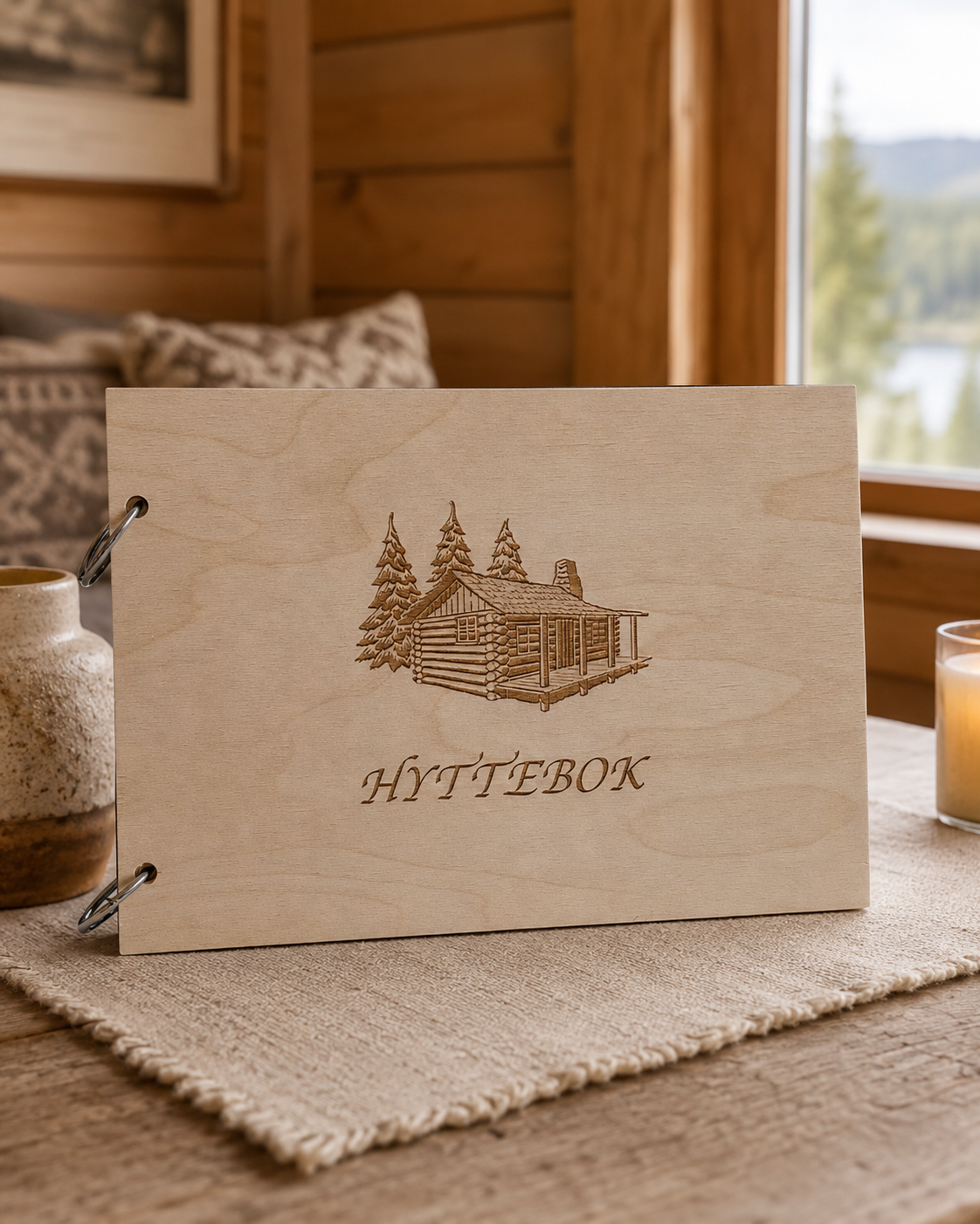 Hyttebok i tre med ferdig gravert fjellmotiv