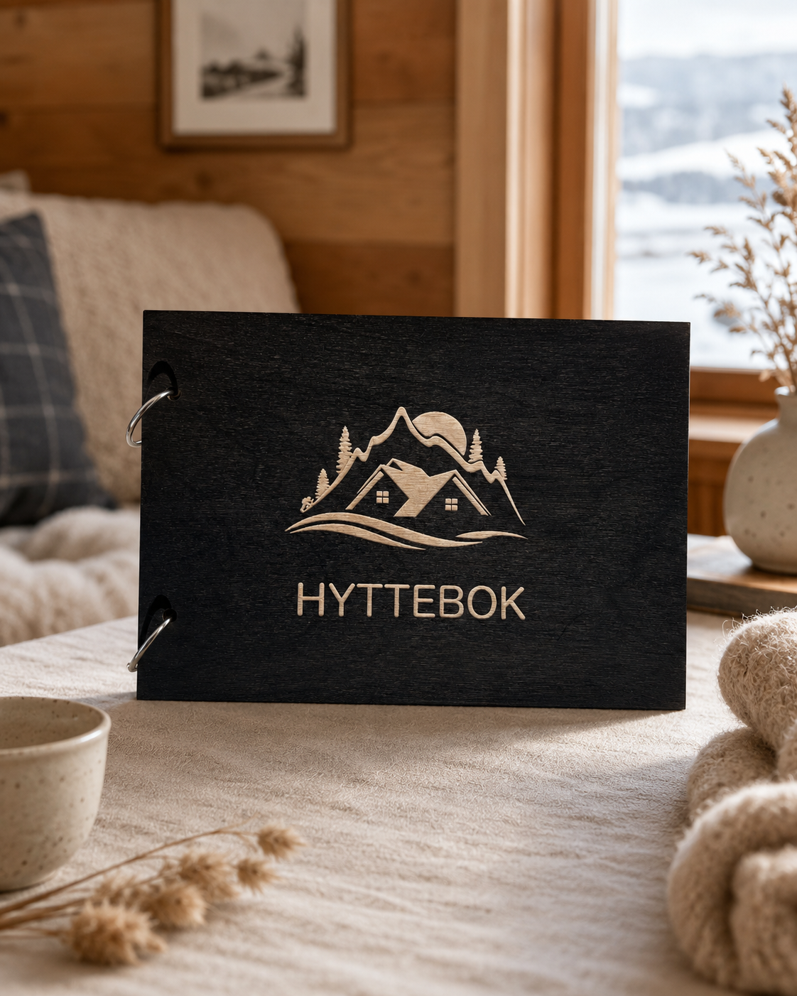 Hyttebok i tre med ferdig gravert hyttemotiv svart 
