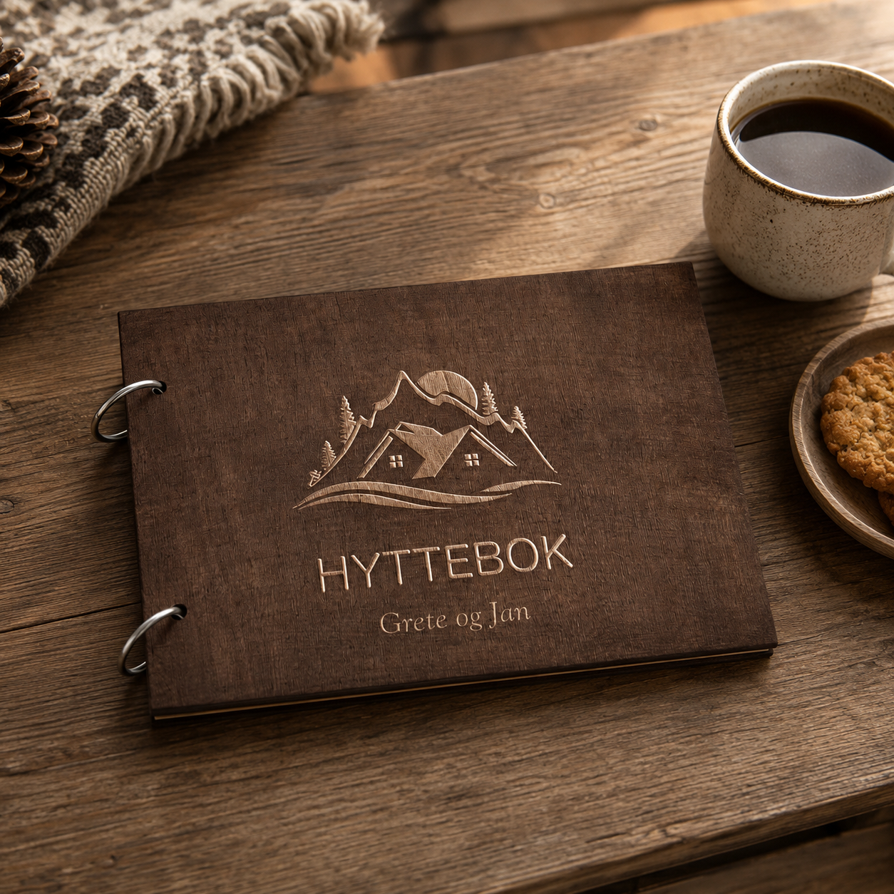Hyttebok med personlig tekst og gravert hytte- og fjellmotiv