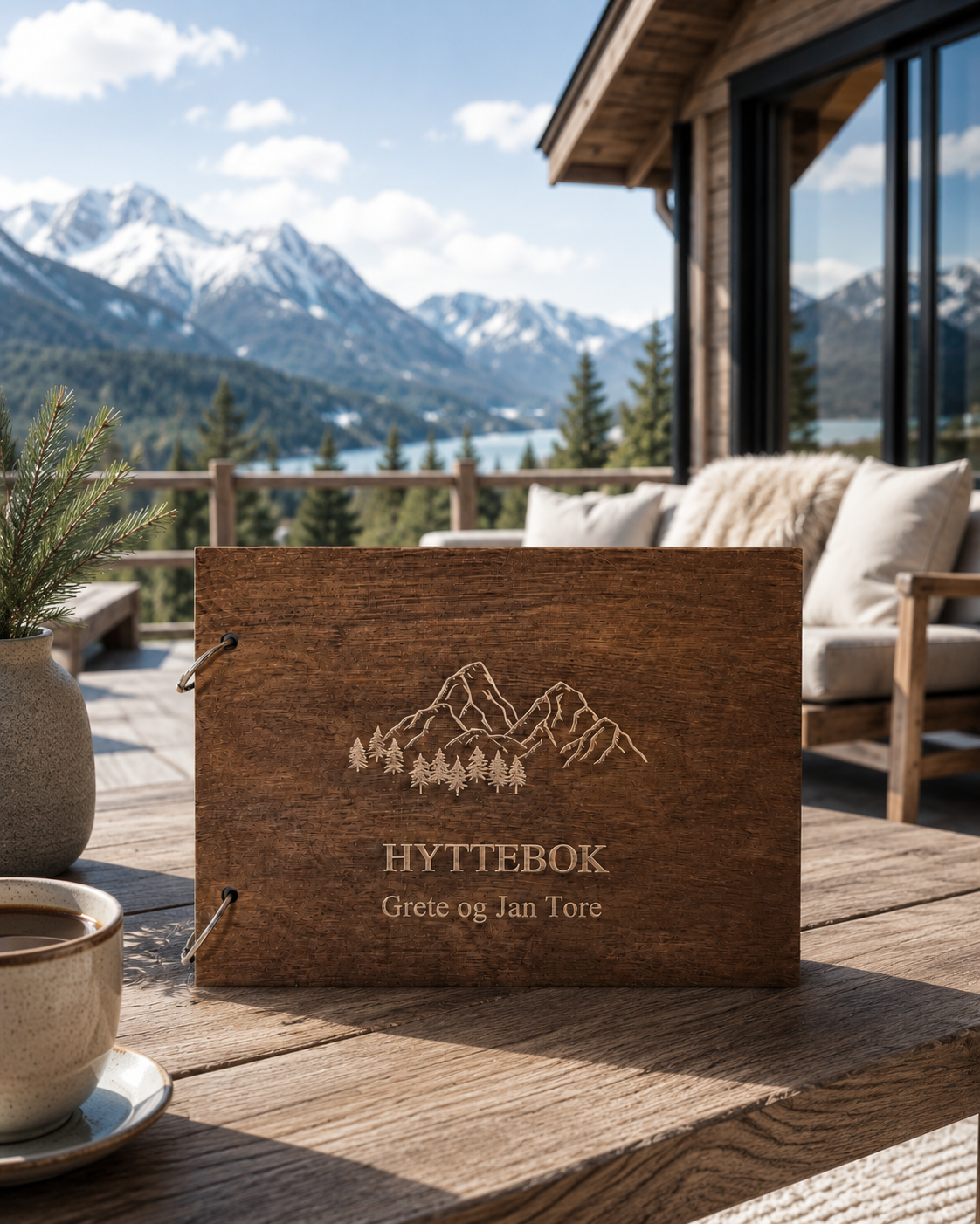 Hyttebok med personlig tekst – fjell og skogmotiv