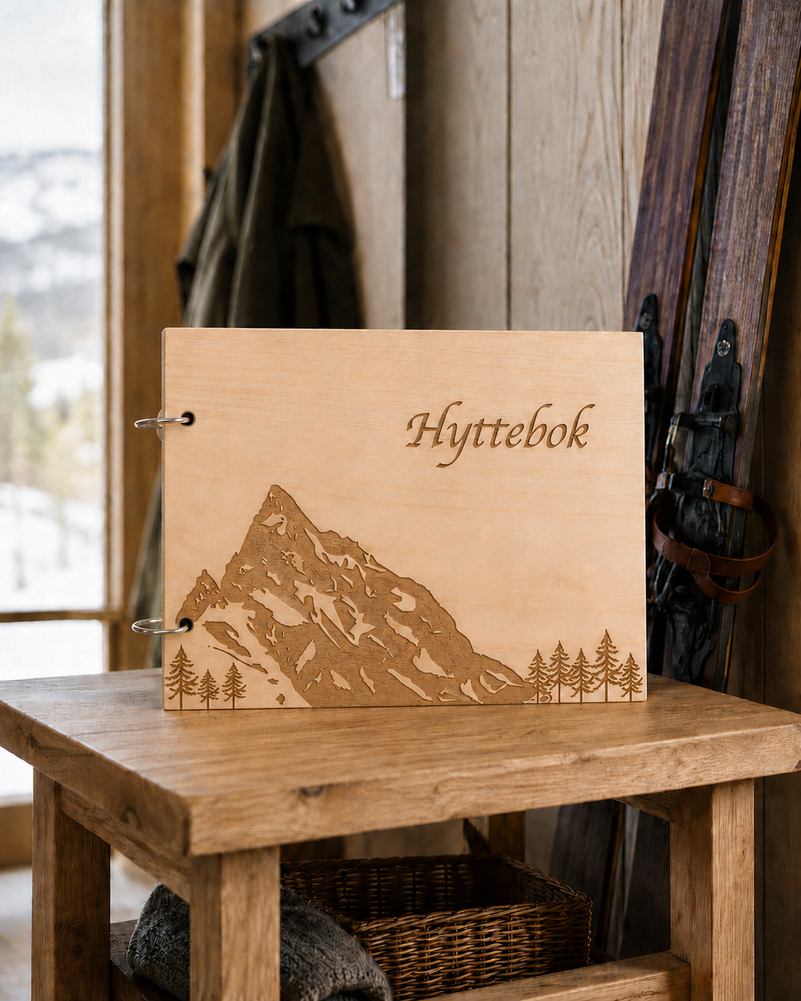 Hyttebok Slogen i tre med gravert fjellmotiv