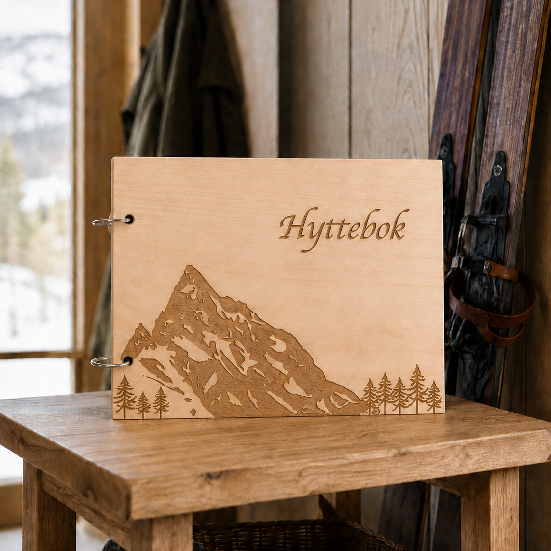 Hyttebok Slogen i tre med gravert fjellmotiv og tekst på lukket omslag med ringer