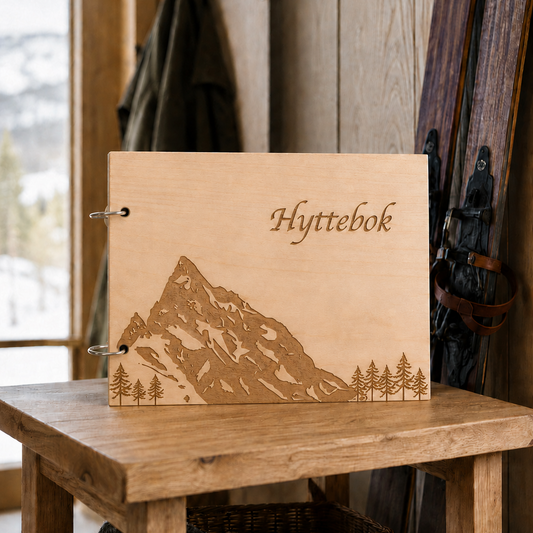 Hyttebok Slogen i tre med gravert fjellmotiv og tekst på lukket omslag med ringer