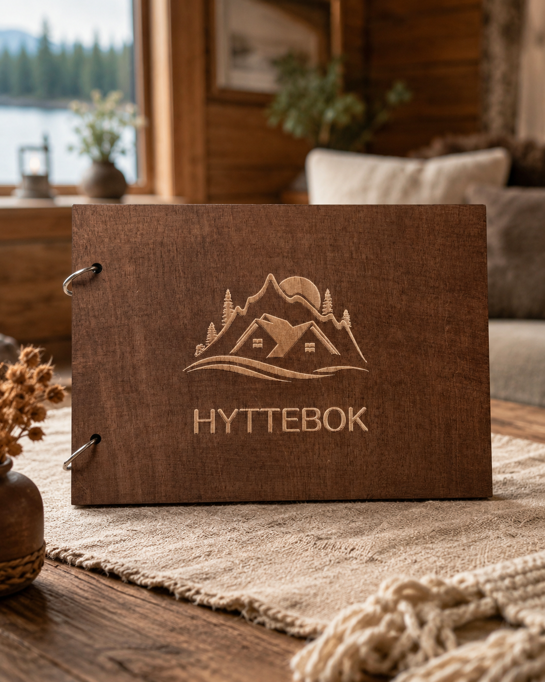 Hyttebok i brun tre med lys gravering, fotografert i en koselig norsk hytte.