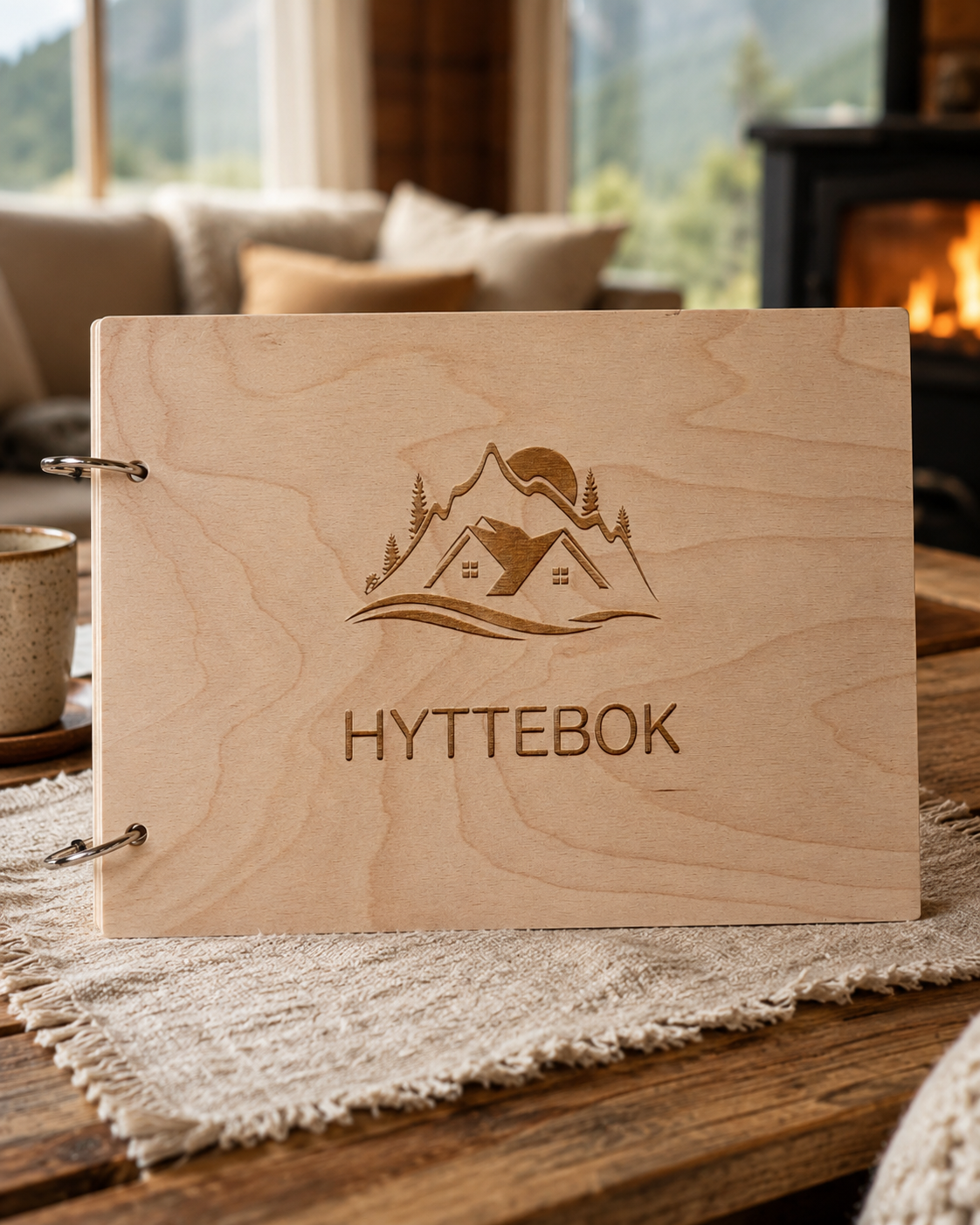 hyttebok med hyttemotiv trefarget gravert