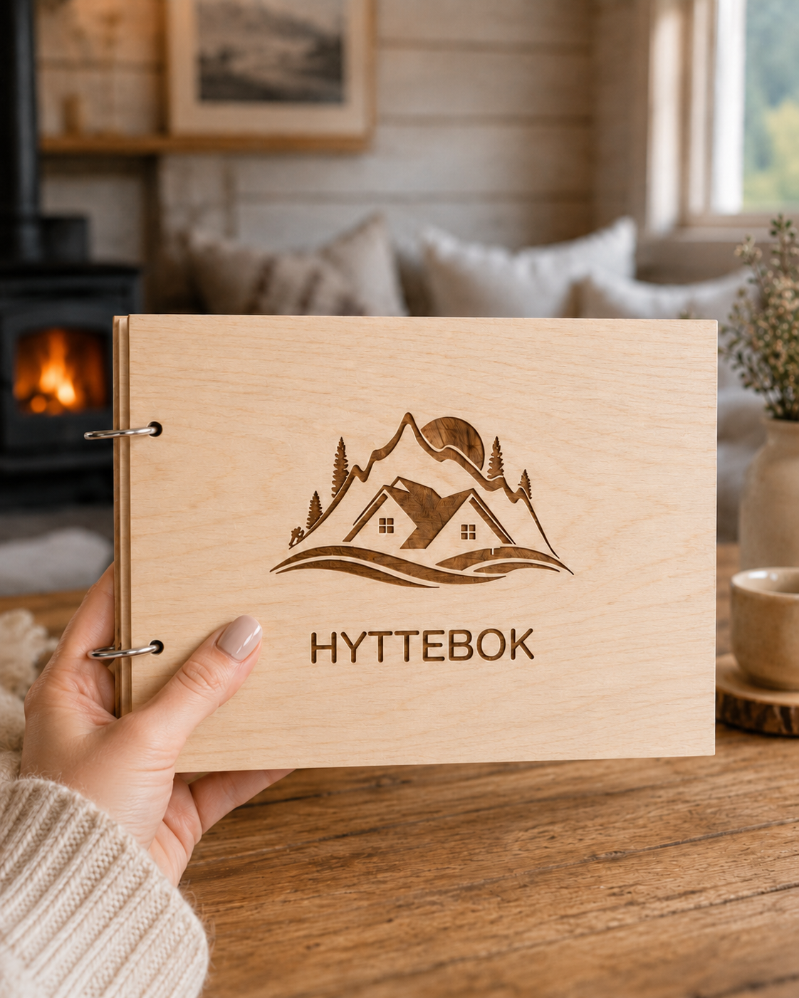 hyttebok med motiv fjell hytte gravert tre omslag