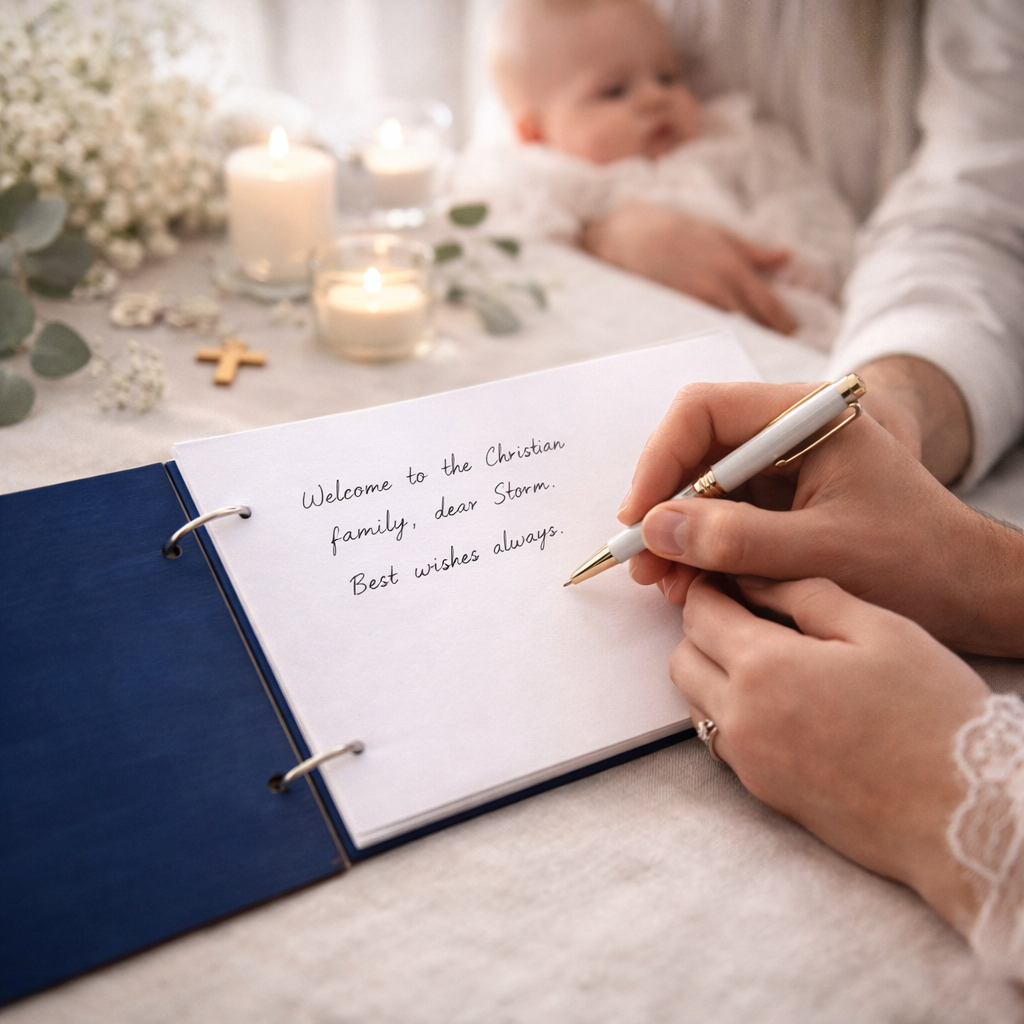 Elegant gjestebok hvor familie og venner kan skrive hilsener til barnet.