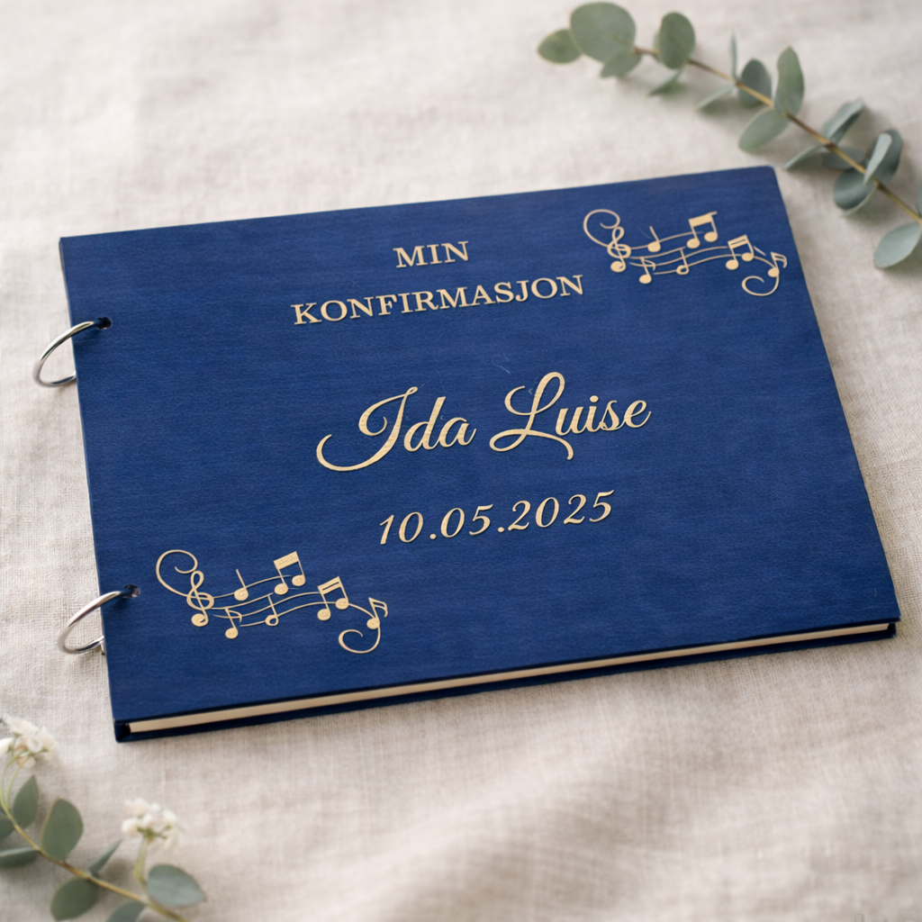  musikkdesign gravert på et vakkert treomslag til konfirmasjon.